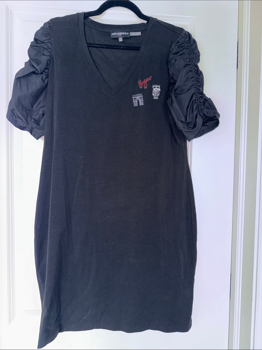 Karl Lagerfeld Black Tee with Embroidered Patches (Red & White Accents)